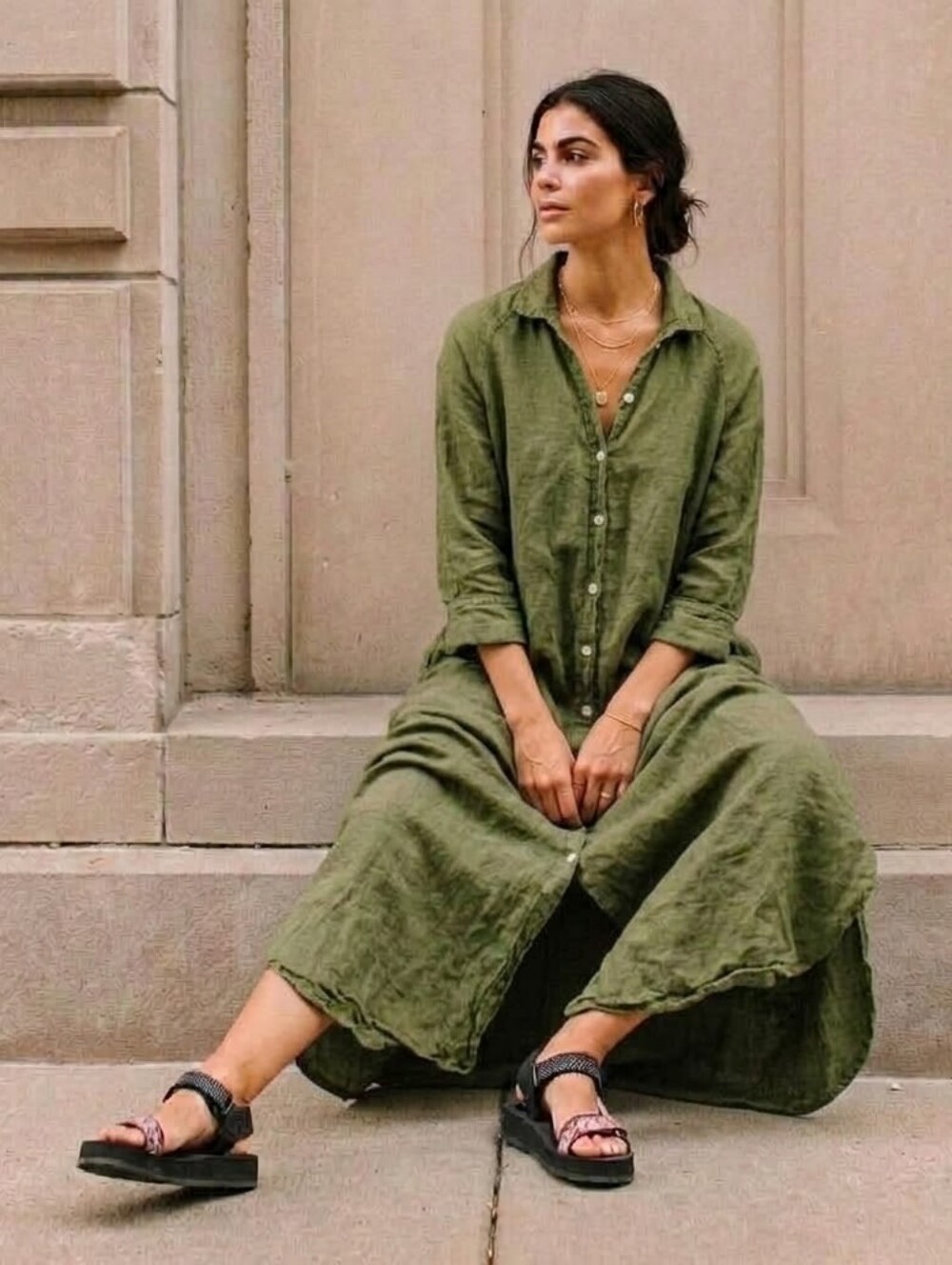 9SEED vineyard linen dress in green